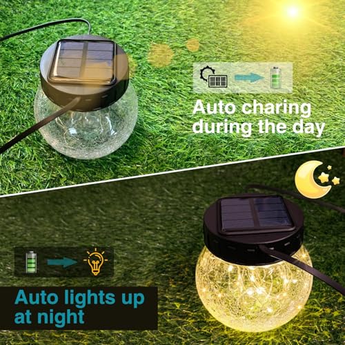 Kolpop 4 Pack Hanging Solar Lights for Outside, Cracked Glass Solar Lanterns Lights Outdoor Waterproof ,30 LED Hanging Globes Lights for Christmas Decoration, Shepherd Hook, Warm White - color: Warm White, size: 4 Pack