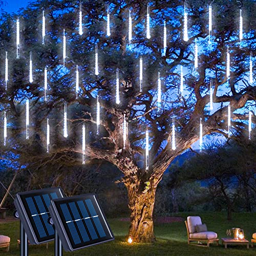 JMEXSUSS 2 Pack Solar Christmas Meteor Shower Lights, 16 Tube 288 LED White Solar Christmas String Lights Outdoor Waterproof for Tree Patio Garden Wedding Party Decorations - color: Cool White, size: 2*144LED