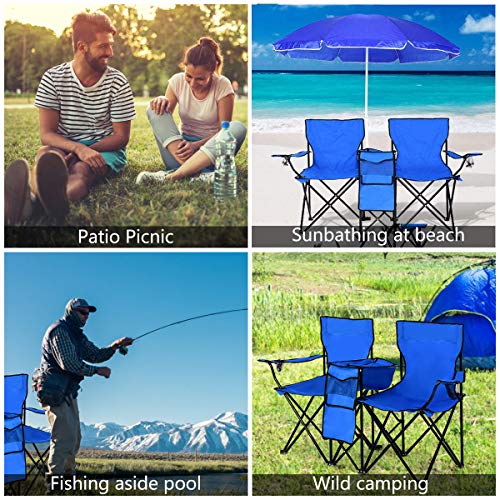 Goplus Double Camping Chair with Umbrella, Folding Loveseat Chairs w/Canopy Shade, Carrying Bag, Table, Cup Holder, Portable Beach Chairs Outdoor Picnic Patio (Blue) - color: Blue