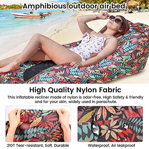 ele ELEOPTION Outdoor Inflatable Camping Couch Waterproof Portable Blow Up Air Sofa Chair Lounger for Backyard Beach Traveling Camping with Compression Sacks (Red Leaf Print) - color: Red Leaf Print