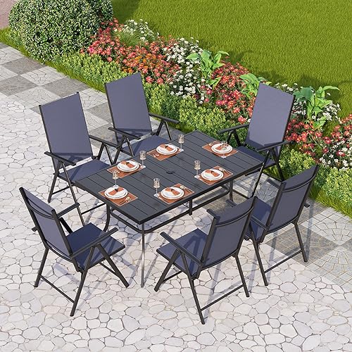 PHI VILLA Patio Dining Set with Outdoor Table and Chairs, Outdoor Dining Table Set for 6 with Adjustable Foldable Patio Chairs & Metal Steel Table for Garden, Blue - color: Blue, size: 7 Piece