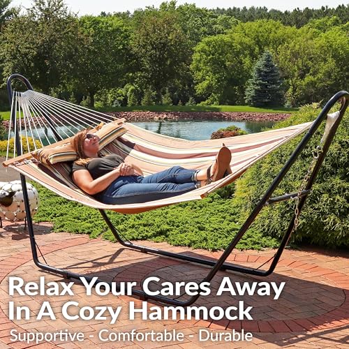 Sunnydaze Quilted Double Hammock for Outside with Spreader Bars and Pillow - 450 lb Capacity, 74x55 Inch Bed, UV Resistant, Quick Dry - Chains Included, Stand Sold Separately - Sandy Beach - color: Sandy Beach