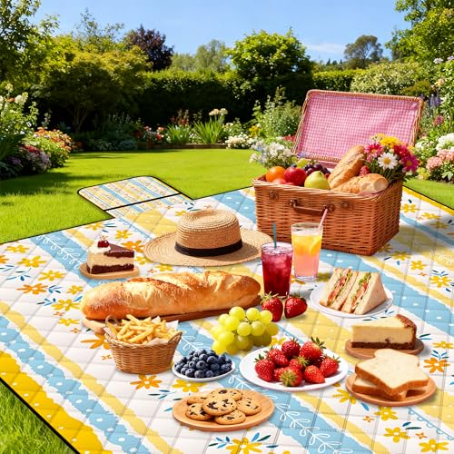 Extra Large Picnic Blanket Waterproof,80"x 80"Foldable Machine Washable Beach Blanket,Outdoor Blanket for 6-8 Adults,Suitable for Indoor Crawling,Park Beach,Camping,Hiking,Family Travel(Floral Print) - color: Yellow Flower, size: 6'8" x 6'8" (Square)