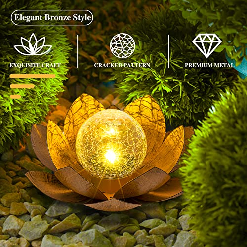 AIINY Solar Light Outdoor(2Pack), Art Crackle Globe Glass Lotus Decoration, Solar LED Waterproof Metal Flower Lights for Patio,Lawn,Walkway,Tabletop - color: Imitation Rust