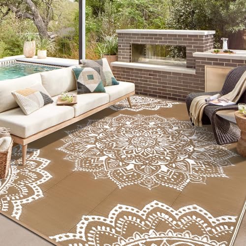 Yamaziot Waterproof Outdoor Rug 8x10 ft, Reversible Plastic Straw Rug for Patio Clearance, Camping, RV Mat, Large Outside Rug Carpet for Porch, Deck, Backyard, Balcony, Picnic (Brown) - color: Brown, size: 8' x 10'