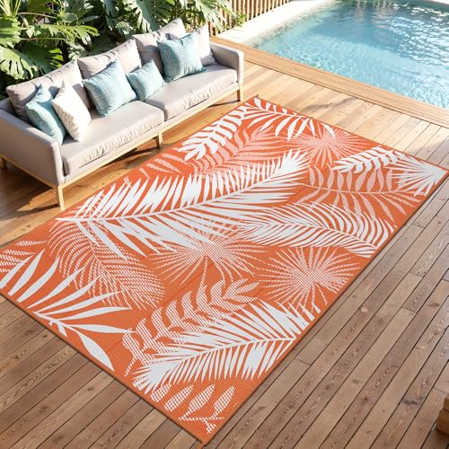 Outdoor Patio Rug, 6'x9' Plastic Straw Waterproof Mat, Reversible Camping Rug for RV Outside,Colorful Outside Layering Rug for Patios, Backyard, Deck, Balcony,Beach, Orange & White - color: Orange, size: 6' x 9' (Rectangular)