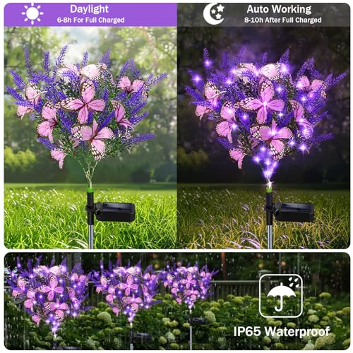 Kohlrabi Solar Garden Lights Outdoor, 2 Pack Purple Lavender Solar Butterfly Lights Gardening Gifts for Women,Artificial Flowers Light Purple Halloween Garden Decor for Patio Yard Lawn Christmas - color: Purple, size: 2 Pack