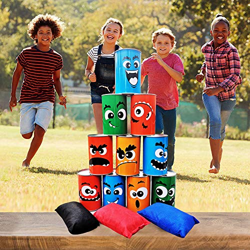 Bean Bag Toss Game for Kids Outdoor Indoor Family Fun, Knockdown Tin Can Alley Game for Holiday Birthday Party Games - 10 Funny Face Cans and 3 Beanbags