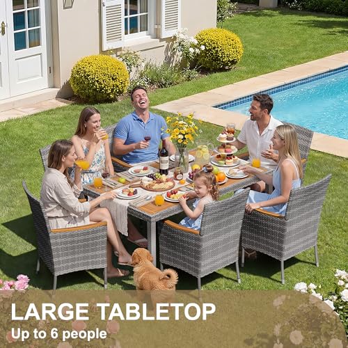 Devoko Dining 7 PCS Furniture, Patio Conversation Set with Acacia Wood Table Top, Outdoor, Beige Cushion and Grey Rattan - color: Grey, style: 7 Piece Dining Set