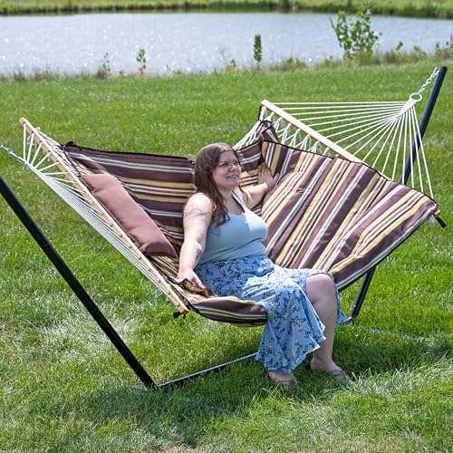 Sunnydaze Rope Hammock with Stand for Outside - Heavy Duty Freestanding Portable Outdoor Hammock Set with Quilted Pad, Pillow, and 12-Foot Steel Frame - 275 lb Capacity - Desert Stripe - color: Desert Stripe