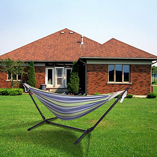 Double Hammock with Steel Stand, Adjustable Hammock Bed,Portable Outdoor Polyester Hammocks Set,2-Person Heavy-Duty Hammocks for Camping Garden Backyard Patio,250lbs Capacity (Green Stripe) - color: Green Stripe