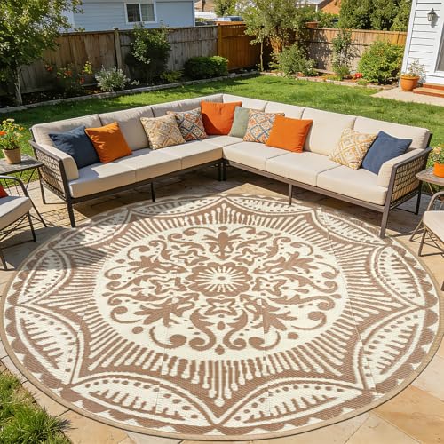 Capslpad 10x10 Floral Outdoor Rug for Patio Clearance Reversible Mat Round Portable Plastic Straw Carpet Waterproof Boho Indoor Outside Area Rugs for RV Camping Picnic Balcony Beach Deck, Light Beige - color: Light Beige, size: 10' (Round)