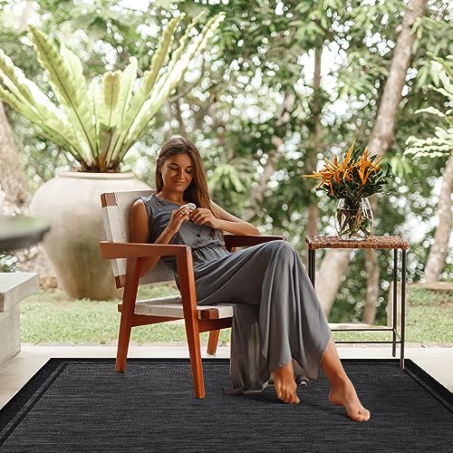 CAMILSON Indoor Outdoor Rug, 8x10 Bordered Dark Gray Black Modern Area Rugs for Indoor and Outdoor Patios, Kitchen and Hallway Mats, Washable Porch Deck Outside Carpet (Bordered Black, 8 x 10) - color: Bordered Black, size: 8' x 10' (Rectangular)