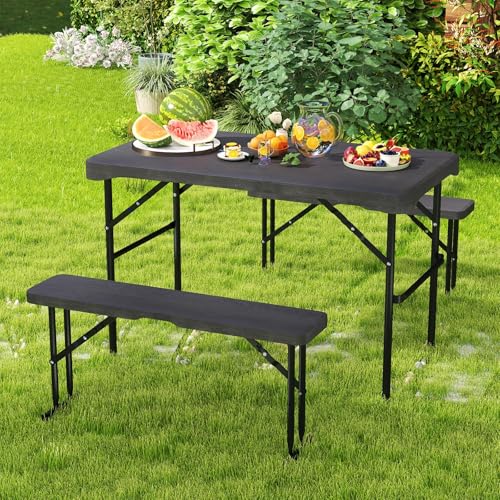 Giantex Folding Picnic Table Bench Set, Rectangular Patio Dining Table Set for 4, with HDPE Tabletop, Metal Frame, Space-Saving and Portable for Camping Party Dining BBQ (Black)