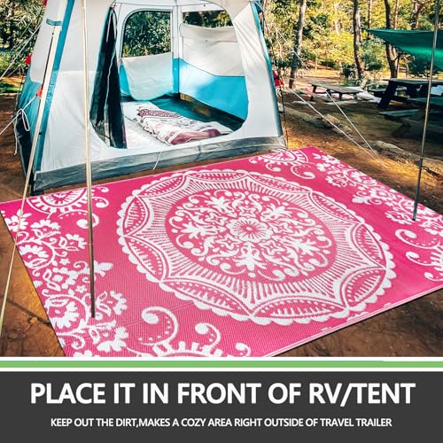 Capslpad 5x8 Outdoor Rug Waterproof Pink Boho Floral Patio Carpet Portable Plastic Straw Rug Foldable Outside Carpet with Carry Bag for RV Backyard Balcony Bench Picnic Porch - color: Pink, size: 5' x 8' (Rectangular)