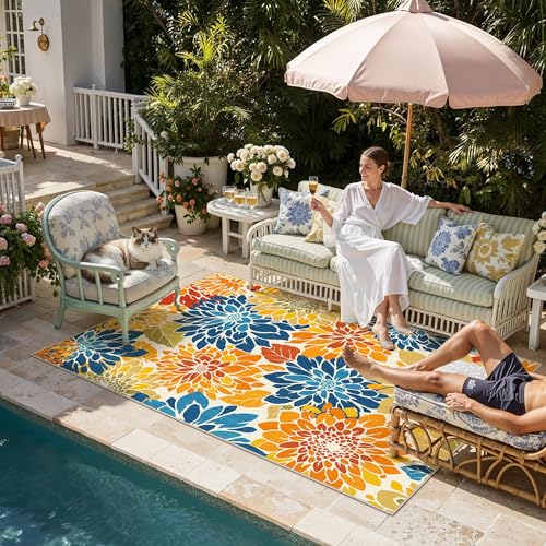 HUGEAR Floral Textured Weave Indoor Outdoor Area Rug 5X7 Washable High Traffic Stain Resistant Non Slip Durable Carpet for Livingroom Patio Deck Balcony Courtyard (Colorful, 5' x 7') - color: Multi Floral / Colorful, size: 5'x7' (Rectangular)