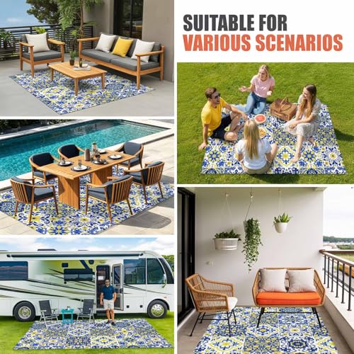 Middle Century Outdoor Rug 5' x 7', Vintage Farmhouse Bohemia Style Blue Washable Area Rug for Outdoor Indoor, Non Slip Outside Large Rugs Carpet for RV Patio Backyard Picnic Camping Porch Deck - color: Blue, size: 5' x 7' (Rectangular)