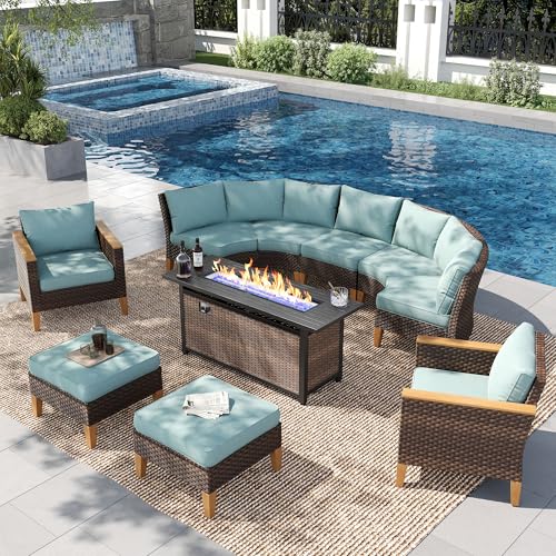PHI VILLA Half-Moon Patio Furniture Set with 56" Fire Pit Table, Wicker Outdoor Curved Sectional Sofa with Cushions, Ottomans, Large Conversation Seating for Garden or Backyard, Aqua Blue - color: Aqua Blue+fire Pit, size: 9 Seats - Curved