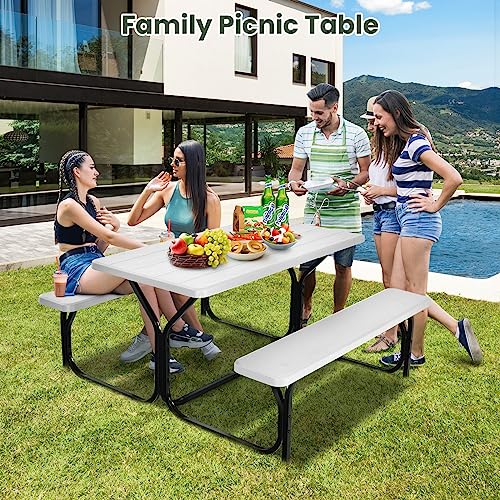 MEDIMALL Picnic Table, Portable Picnic Tables with Benches, Plastics Picnic Table Bench Set with Metal Frame & All Weather Tabletop, Large Camping Picnic Table for Outdoors, Backyard, Garden (White) - color: White