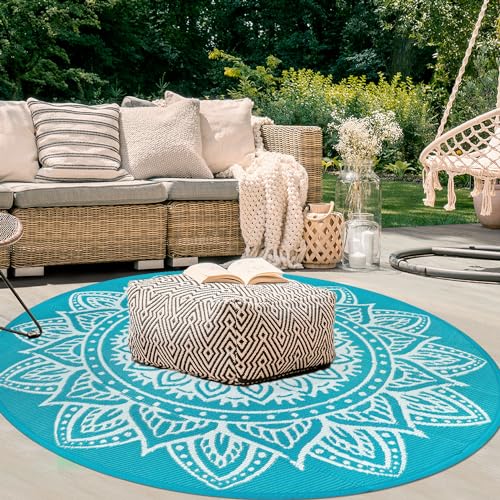 famibay Round Outdoor Rug 6ft Outdoor Plastic Straw Rug Boho Round Patio Rugs Outdoor Waterproof Reversible Camping Rug Potable Lightweight Circle Outdoor Rug for Patios Backyard Camping Porch(Teal) - color: Teal, size: Round 6ft