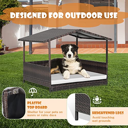 Giantex Wicker Dog House, Raised Rattan Dog Bed with Waterproof Roof, Washable Cushion Cover, Steel Frame, Indoor Outdoor Elevated Dog Bed Pet House for Small Medium Dogs Cats, Easy Assembly - style: Brown House & White Cushion