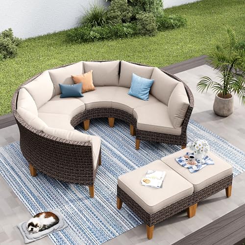 PHI VILLA 4-Piece Curved Patio Furniture Set, Half-Moon Wicker Sectional Furniture Sofa Set for 8 Seats with Cushioned 3 x Curved Sectionals and 2 x Ottoman, Beige - color: Beige, size: 8 Seats - Round