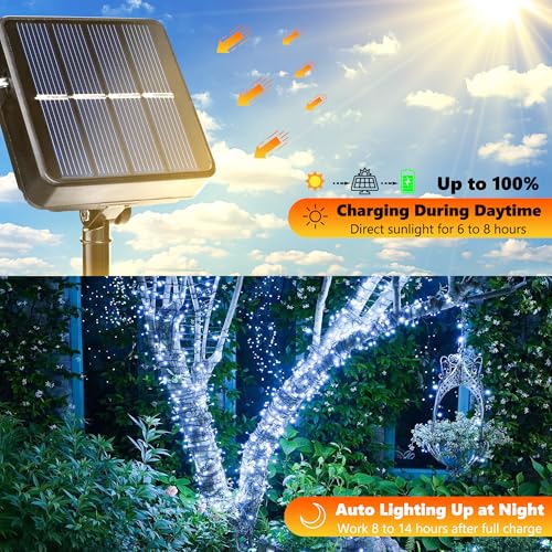 Joomer Solar Christmas String Lights, 39FT 100LED Waterproof Outdoor Lights with 8 Modes Twinkle Fairy Light for Garden, Patio, Yard, Tree and Christmas Decor (White) - color: White