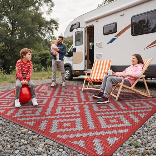 GENIMO Christmas Outdoor Rug for Patio Clearance, 6'x9' Reversible Plastic Straw Rugs, Lightweight Waterproof RV Camping Mat for Camper, Balcony, Deck, Backyard, Picnic, Red Grey - color: Red & Grey, size: 6' x 9' (Rectangular)