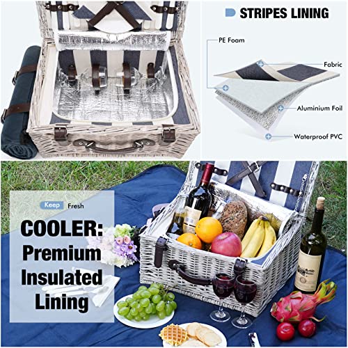 Picnic Basket Sets for 2 Persons with Insulation Cooler,Waterproof Picnic Blanket, Tableware for Family,Party,Outdoor Living,Camping Gift - color: Grayish White Color for 2 Persons