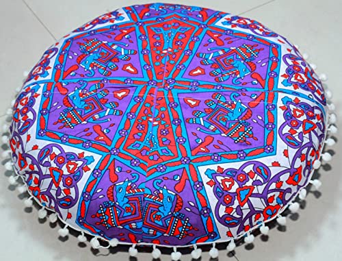 CRAFT KALA 22" Round Boho Floral Floor Pillow Cover, Purple, 22" Diameter, Cotton Fabric, Soft, Indoor Use, Washable - color: Purple Flower, size: 22"