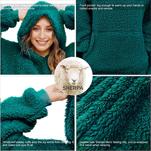 Oversized Sherpa Wearable Blanket Hoodie for Women Men,Long Comfortable Sherpa Blanket Sweatshirt Shaggy Pullover Plush Warm Cozy Blanket One Size Fits All Malachite - color: Malachite