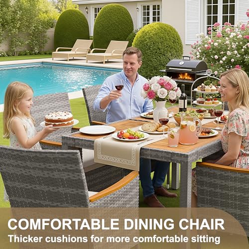 Devoko Dining 7 PCS Furniture, Patio Conversation Set with Acacia Wood Table Top, Outdoor, Beige Cushion and Grey Rattan - color: Grey, style: 7 Piece Dining Set