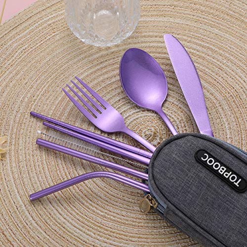 Portable Stainless Steel Flatware Set, Travel Camping Cutlery Set, Portable Utensil Travel Silverware Dinnerware Set with a Waterproof Case (Light Purple) - color: Light Purple