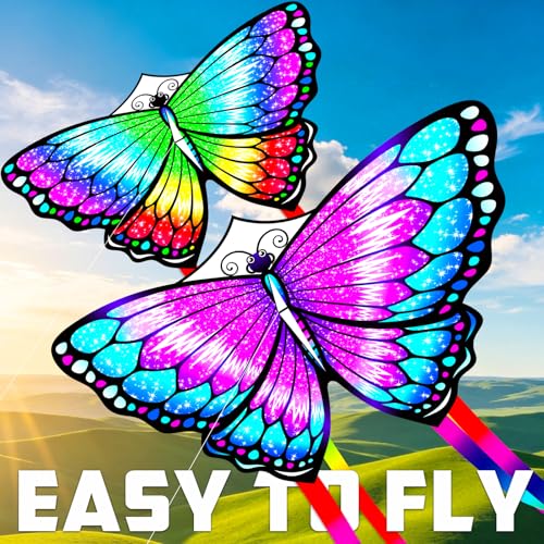 2 Pack Patriotic Eagle & Dragon & Butterfly Kite for Kids and Adults, Easy to Fly Huge Kites for Kids Ages 4-8 8-12 with 328FT String for Beach Park Easter Gift Outdoor Games and Activities - style: 2 Pack Butterfly Kites