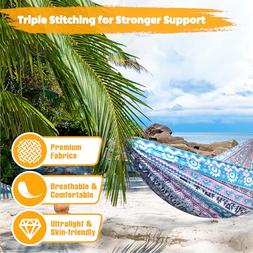 NATUREFUN Ultra-Light Travel Camping Hammock | 300kg Load Capacity,Breathable,Quick-Drying | 2 x Premium Carabiners,2 x Nylon Slings Included | Outdoor Indoor Garden - color: Ethnic, size: 275x140cm