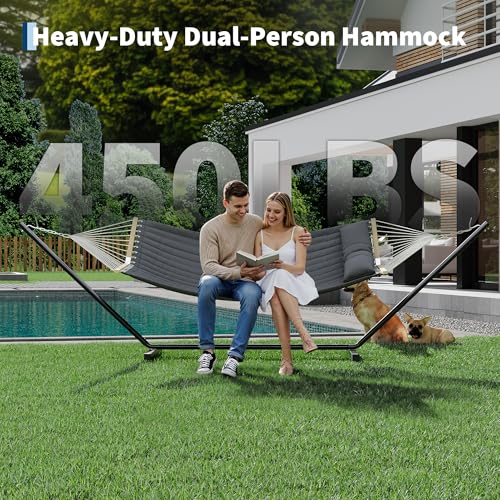 2 Person Double Hammock with Adjustable Steel Stand & Pillow, Heavy Duty Portable Outdoor Hammock Set, MAX 450 LBS Weight Capacity for Patio, Garden, Beach, Backyard - color: V-dark Gray