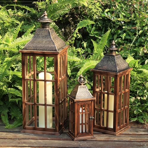Large Farmhouse Wooden Metal Lantern Set of 3, 27''/22''/15'' H Rustic Decorative Indoor & Outdoor Hanging Candle Lanterns, Wooden Outdoor Lanterns for Patio Front Porch Table, Brown - color: Rustic Brown, size: 3 Pcs-27''/22''/15'' H