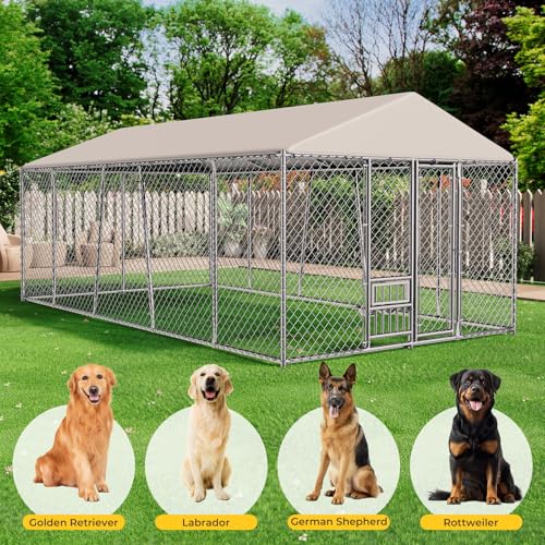 Lyromix 10 x 20FT Large Outdoor Dog Kennel with Bowls, Dog Kennel Outside with Waterproof Cover Roof, Galvanized Heavy Duty Chain Link Dog Runs Cage Playpen for Outside with Secure Lock