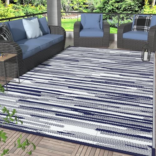 GENIMO Outdoor Rug for Patio Clearance, 8'x10' Waterproof Camping Mat, Reversible Plastic Straw Rugs for RV, Camper, Balcony, Backyard, Picnic, Deck (Blue White) - color: Blue White, size: 8' x 10' (Rectangular)