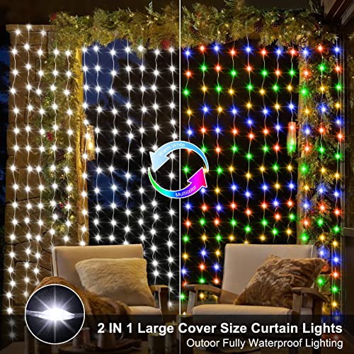 ZAIYW Dual Color Curtain Lights 20ftx10ft 600 LED Christmas Curtain Lights with Remote Plug, Connectable Lights Curtain for Bedroom Patio Wedding Xmas Decor (Cool White & Multicolor) - color: Cool White & Multicolor, size: 20Ft x 10Ft