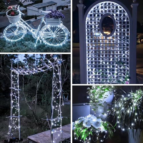 YEGUO 4 Pack White Solar Fairy Lights, Each 33ft 100 LED Christmas Lights Outdoor Waterproof, 8 Modes Sliver Wire Solar String Lights - color: White