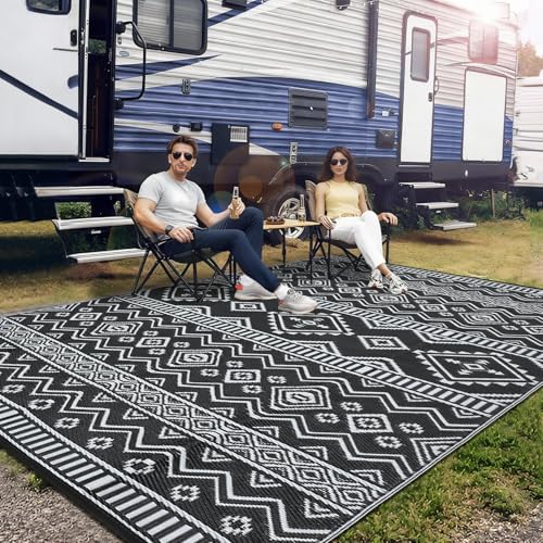 Boho 8x10 Waterproof Outdoor Rug, Reversible Plastic Straw Mat, Tribal Geometric Washable RV Camping Carpet, Foldable UV Resistant Deck Rug for Picnic Backyard Balcony Porch Patio, Black - color: Black/White, size: 8' x 10' (Rectangular)