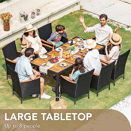 Devoko Outdoor Patio Dining Sets 9 Pieces Wicker Outdoor Dining Table and Chairs Set with Acacia Wood Table Top and Widened Armrests for Backyard, Garden, Deck (Black) - color: Black, style: 9 Piece Dining Set
