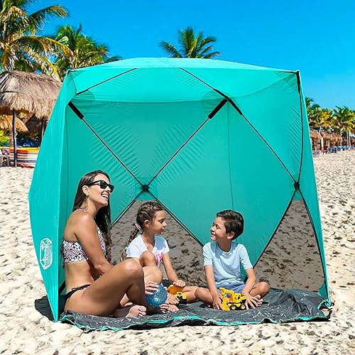 Beach Cube Pop Up Beach Tent Portable Shade Sun Shelter UPF50+ UV Protection for 4 Person Expandable Floor for Beach Fishing Hiking Camping – Aqua Color - color: Aqua Color