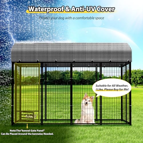 Large Outside Dog Kennel, Outdoor Dog Run Enclosure 8'x4'x6'（Including the roof） Dog Pen House with Roof Cover Heavy Duty Welded Wire Steel Dog Playpen Animal Fence with Feeding Door