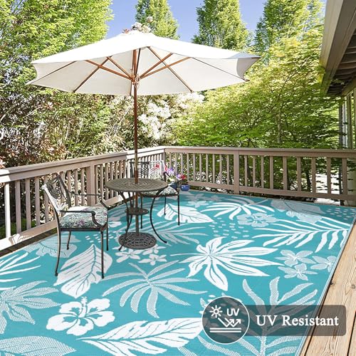 Pauwer Waterproof Outdoor Rug 8x10, Reversible Plastic Straw Patio Camping Rug, Indoor Outdoor RV Mat Carpet for Deck, Camper, Porch, Balcony, Backyard, Picnic, Floral Teal - color: Floral Teal, size: 8' x 10' (Rectangular)