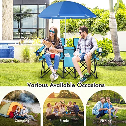 COSTWAY Double Portable Picnic Chairs, Folding Camping Chairs w/Detachable Umbrella, Cooler Bag, Cup Holders, Patio Beach Camping Chairs for Outdoors - color: Turquoise