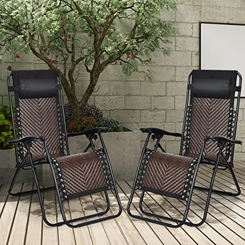 COSTWAY 2PCS Patio Rattan Zero Gravity Lounge Chair Folding Recliner Headrest Brown - color: Brown
