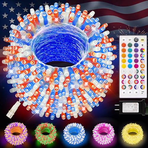 LitHome Color Changing Christmas String Lights Connectable, 35 Colors 66Ft 200 LED Red White and Blue String Lights Outdoor with Remote, 4th of July Light Plug in for Tree Party Independence Day Decor - color: Clear Wire, size: 200LED / 66FT