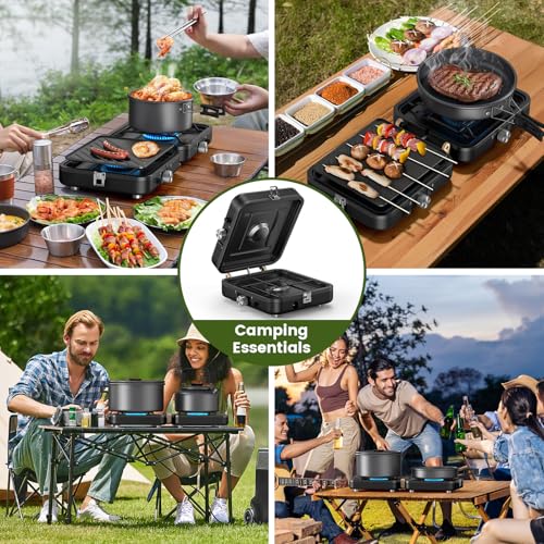 OGERY 2-Burner Foldable Camping Stove with Griddle (Textured & Smooth) and Carrying Bag, Portable Propane Camp Stove with 2 Adjustable Burners & Piezo Ignition, for Camping Tailgating Essentials Gear - color: Black
